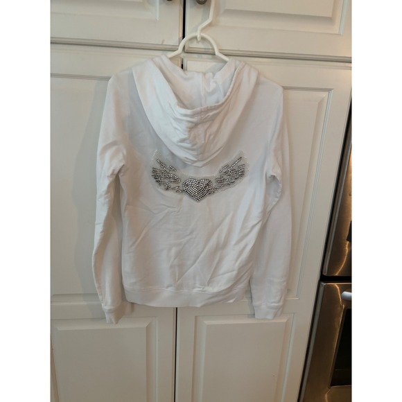 TWISTED HEART rhinestone White Zip-Up Hoodie RARE - Picture 1 of 8